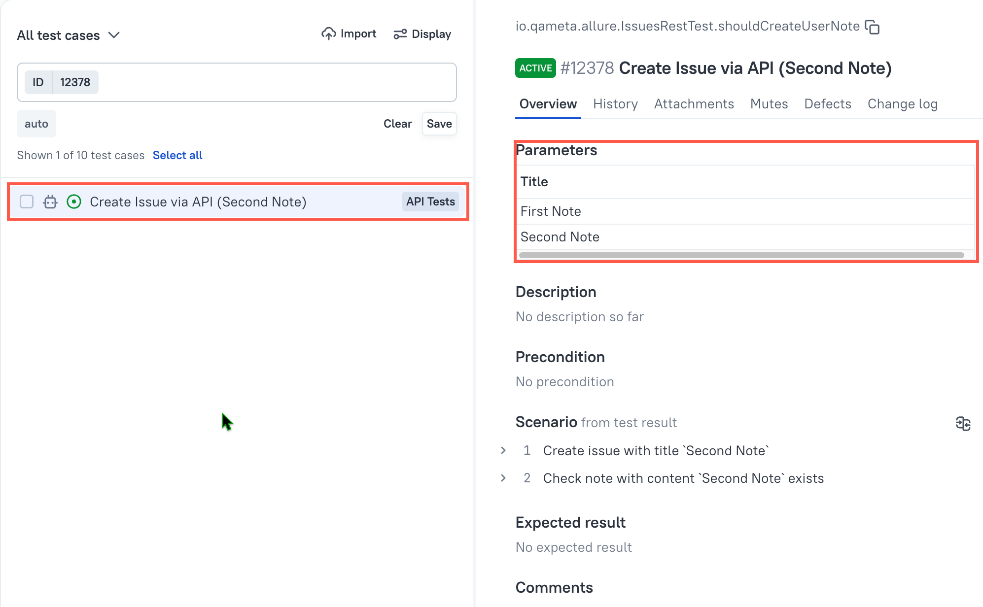 Results of a parameterised test as single test case