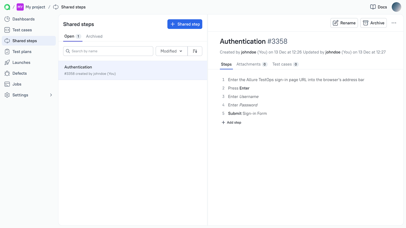 Shared steps can be created and edited in the “Shared steps” section.