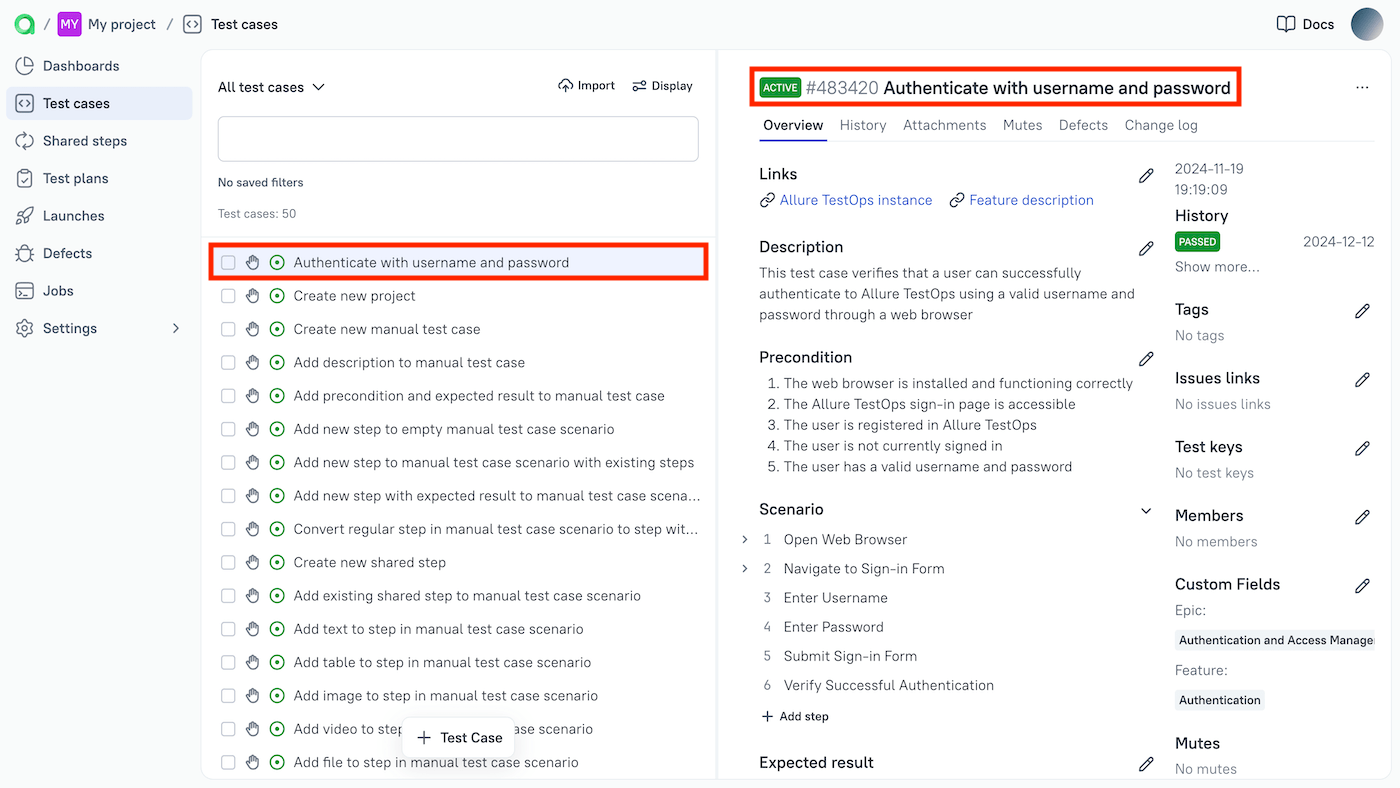 Basic attributes of a test case are shown in a line.