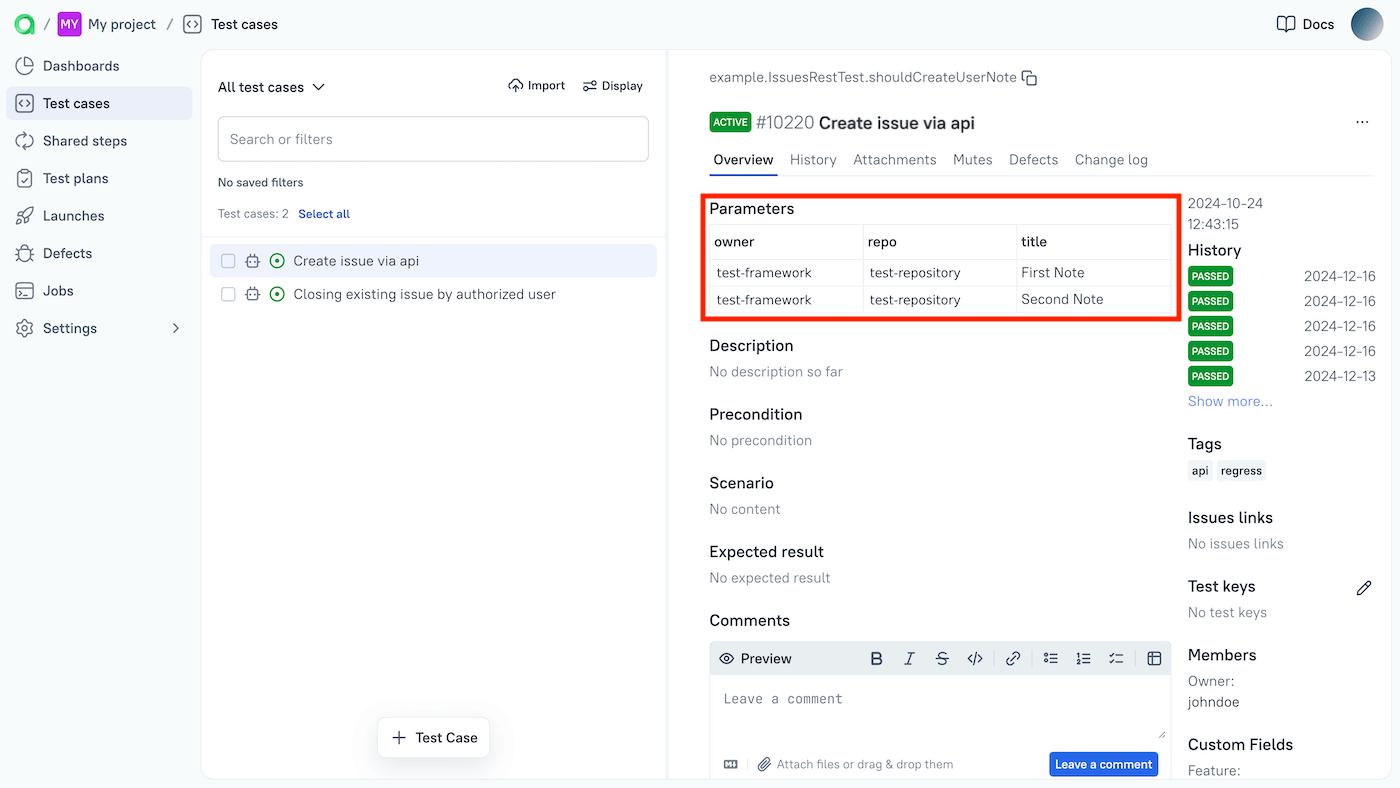 The parameters of an automated test are specified in the "Parameters" section.