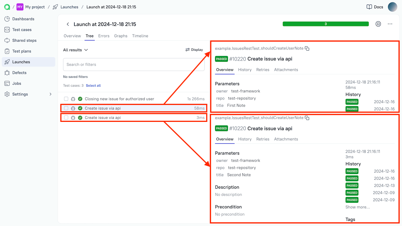 A separate test result is created for each set of parameters in an automated test.