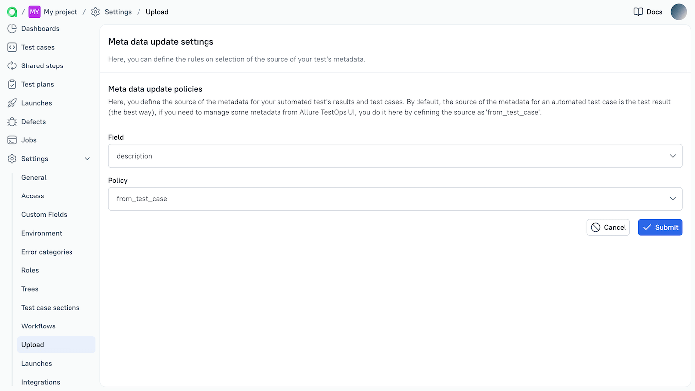 Update policy is created in the project settings.
